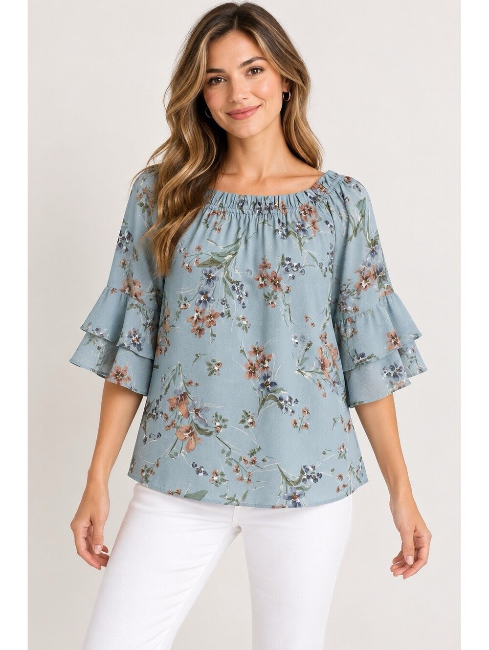 Vine & Love Floral Bell Sleeve Blouse Medium Blue Ruffle Neck  USA